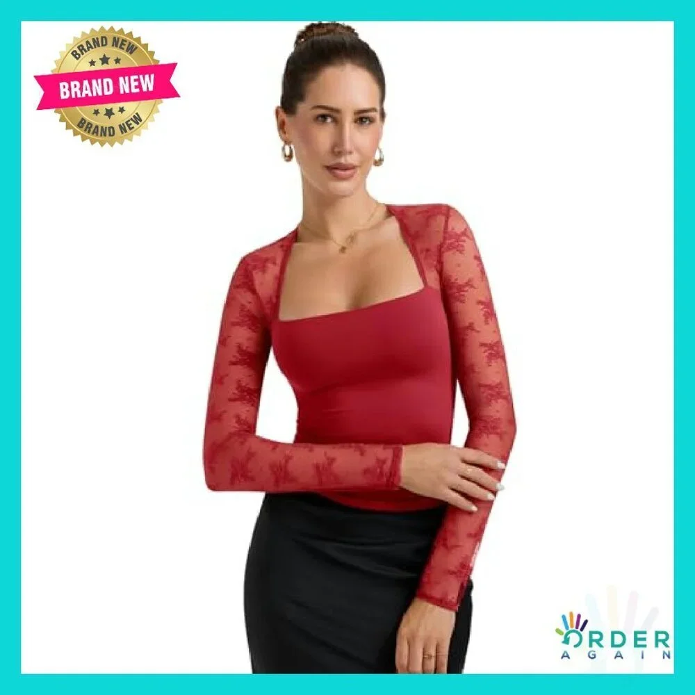 Square Neck Lace Long Sleeve Top Y2K Slim Fit Elegant Going Out Shirt
